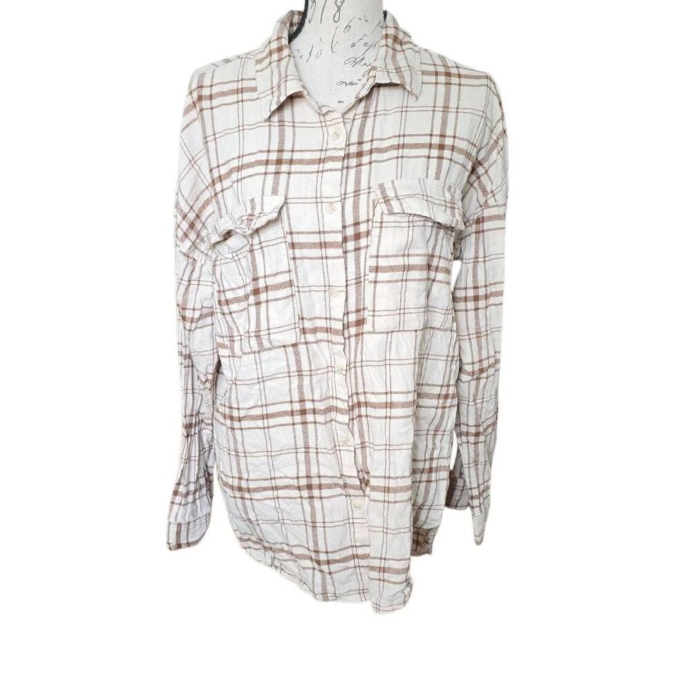 Thread & Supply Women's Size Large Beige Brown Soft Button Down Flannel Top